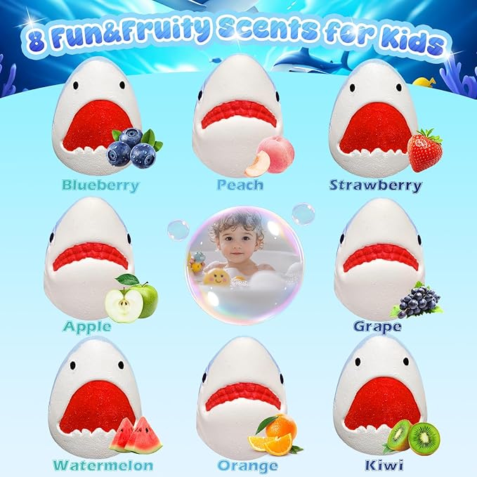 Shark Bath Bombs for Kids, 8 Surprise Bath Bombs with Sea Aninmals Inside & 4 Suction Cup Toys Outside, Natural Handmade Bubble Bath Ball Gift for Boys Girls Birthday Christmas - Bloomnest