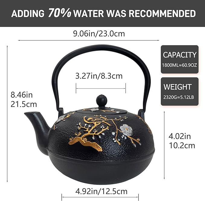 Cast Iron Teapot SECHUDO Teapot for Stovetop Safe Coated with Enameled Interior,Japanese Beautiful Tea Kettle with Stainless Steel Infuser for Loose Tea (60.9oz Plum Blossoms and Bird Pattern) - Bloomnest