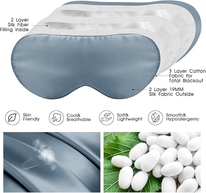 Mulberry Silk Blackout Adjustable Sleep Eye Mask for Men/Women Travel Plane,Ash Blue - Bloomnest