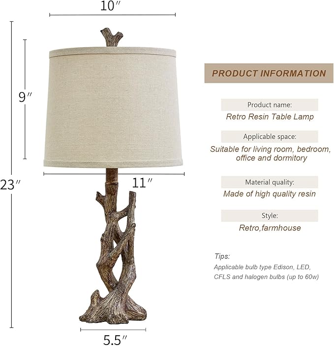 OYEARS 23" Rustic Farmhouse Table Lamp Country Cottage Lamps for Nightstand Tree Trunk Wood Grain Lamp for Bedroom Living Room with Oatmeal Fabric Round Shade Resin Bedside Lamp - Bloomnest