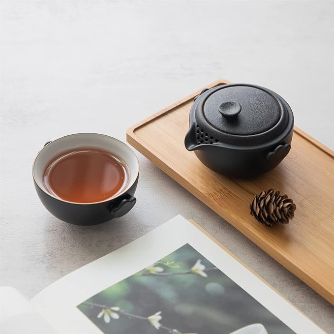 HEER Chinese Travel Gaiwan Tea Set for One, Ceramic Small Kungfu Teapot with Teacup for Adults, Black Japanese Style Tea Accessories Birthday Gift for Tea Lovers. - Bloomnest