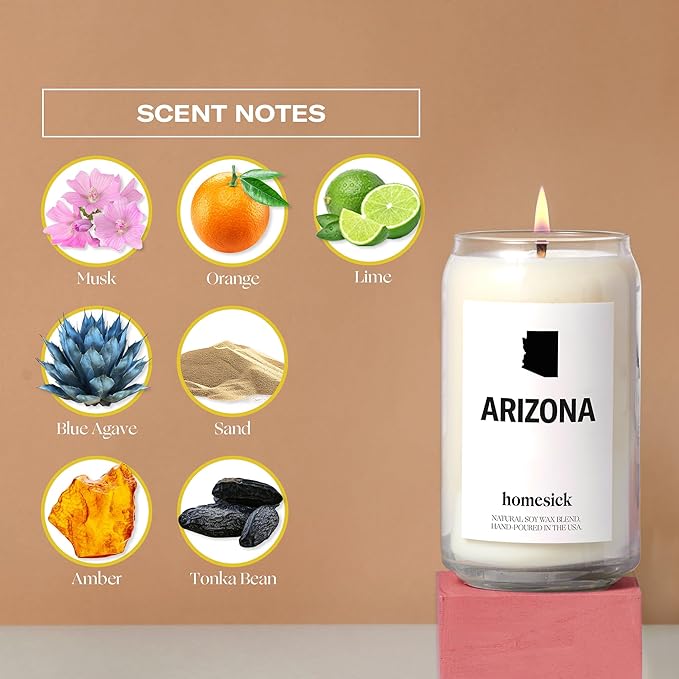 Homesick Scented Candles for Home (Arizona) - 13.75 oz Long-Lasting Soy Wax Jar Candle for Women & Men for All Occasions, 60-80 Hours Burn Time - Notes of Musk, Orange & Lime - Bloomnest