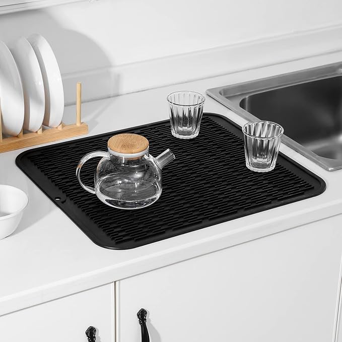 Silicone Dish Drying Mat for Multiple Usage,Easy clean,Eco-friendly,Heat-resistant Silicone Mat for Kitchen Counter or Sink,Refrigerator or Drawer Liner Black 2XL 24 inches x 18 inches - Bloomnest
