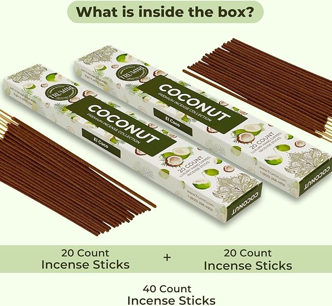 TRUMIRI Coconut Incense Sticks - Total 40 Sticks, Dual Pack of 20, Non-Toxic, Natural Ingredients TRUMIRI