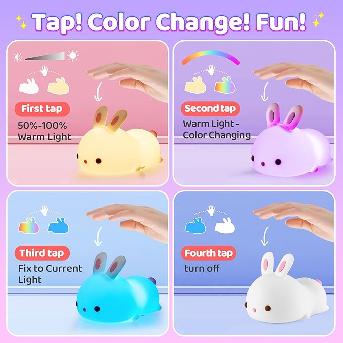 One Fire Bunny Toys for Kids Night Light for Kids, 16 Colors Cute Lamp, Soft Silicone Baby Night Light, 1200mAh Portable Dimmable Touch Lamps, Kawaii Room Decor, Christmas Gifts for College Girls - Bloomnest