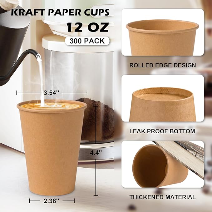 SIUQ 300 Pack 12 oz Kraft Paper Cups, Unbleached Disposable Paper Coffee Cups, Thickened Hot/Cold Beverage Drinking Cup for Party, Home, Cafes, Bistros, Businesses (Brown) - Bloomnest
