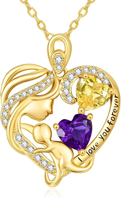 14K Gold Double Birthstone Heart Necklace for Women Mom, Mother Son/Daughter Pendant Necklace for Christmas Mother's Day Birthday Gifts for Wife Daughter Grandmom - Bloomnest