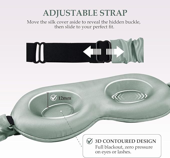 100% Mulberry Silk Sleep Mask for Unisex, 22 Momme 3D Silk Contoured Eye Mask, Breathable Light Blocking Blindfold with Adjustable Strap, Blackout Eye Cover for Travel, Grayish Green - Bloomnest