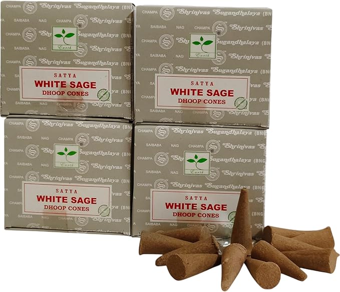 Satya Nag Champa Incense Cones for Meditation and Yoga, 48 Pieces, 4 Packs (Incense Dhoop Cones, White Sage) Giftbrit