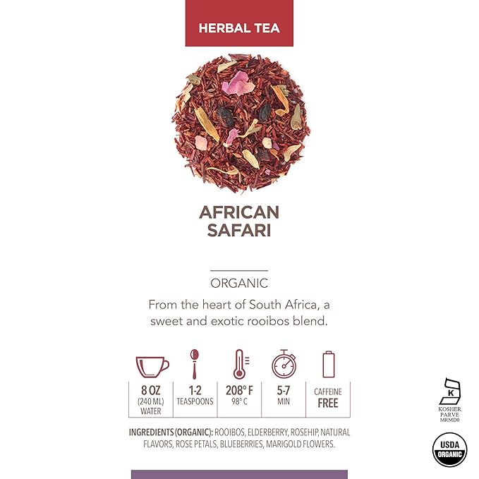 Teabloom Organic Herbal Tea, African Safari Loose Leaf Tea, Sweet Rooibos Blend with Berry Flavors and Vanilla, USDA Certified Organic, Fresh Whole Leaf Blend in Reusable Gift Canister, 3.53 oz/100 g Canister Makes 35-50 Cups - Bloomnest