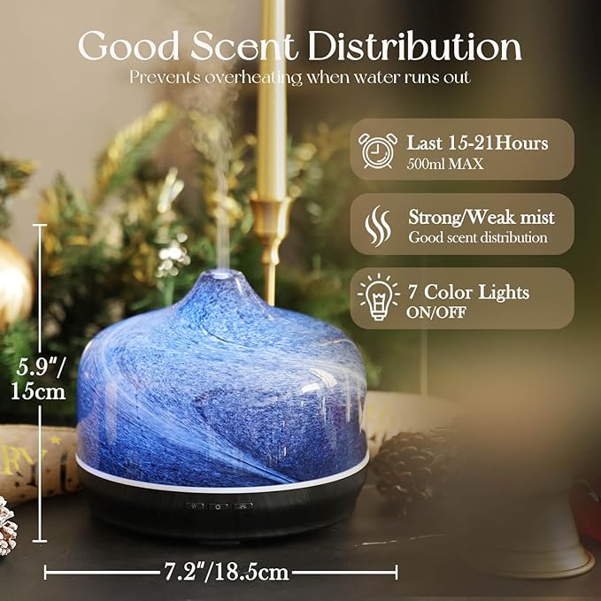 Porseme 500ml Glass Essential Oil Diffuser Aromatherapy Ultrasonic Cool Mist Humidifier 15-21 Running Hours Waterless Auto-Off Air Diffusers for Sleeping Yoga Office Working Spa and Rest (Obsidian) - Bloomnest