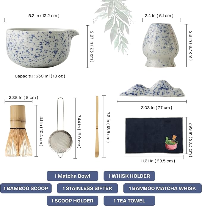 Matcha Whisk Set, 7 PCS Matcha Kit with Matcha Bowl with Spout, Bamboo Matcha Whisk and Scoop, Matcha Accessories & Sifter – Complete Matcha Set for Tea Lovers, Matcha Gift Set (Blue) - Bloomnest