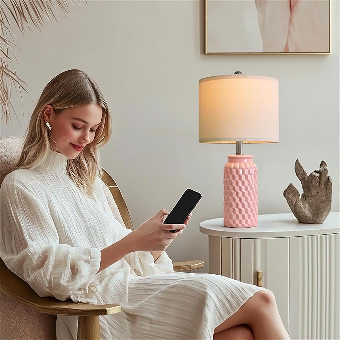 20.5" Pink Table Lamps Set of 2,Modern Farmhouse Bedside Lamps - Ceramic Nightstand Lamps for Bedroom,Boho Living Room End Tables,Small Office Desk Lamp - Bloomnest