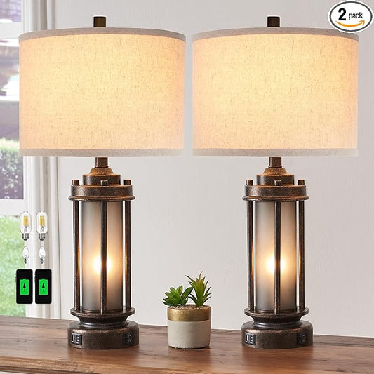 Set of 2 Farmhouse Lamps for Living Room, Rustic Vintage Bedroom Nightstand Table Lamp with 2 USB Charging Ports, Built-In Frosted Glass Night Light for End Table Entryway, 4 Bulbs Included (Bronze) - Bloomnest