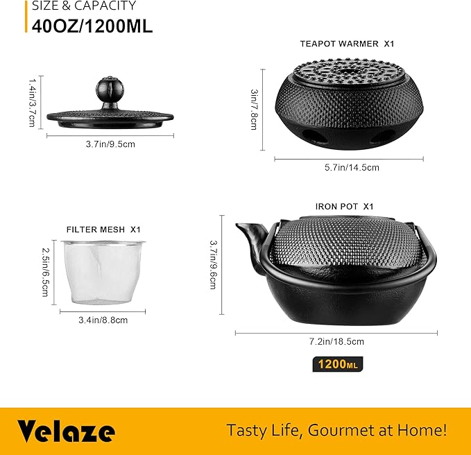 Velaze Cast Iron Teapot Set,1100 ml/37oz Japanese Teapot Heat Preservation with Warmer and Stainless Steel Infuser,Durable Cast Iron with Fully Enameled Interior,Beautiful Hammered Design - Bloomnest