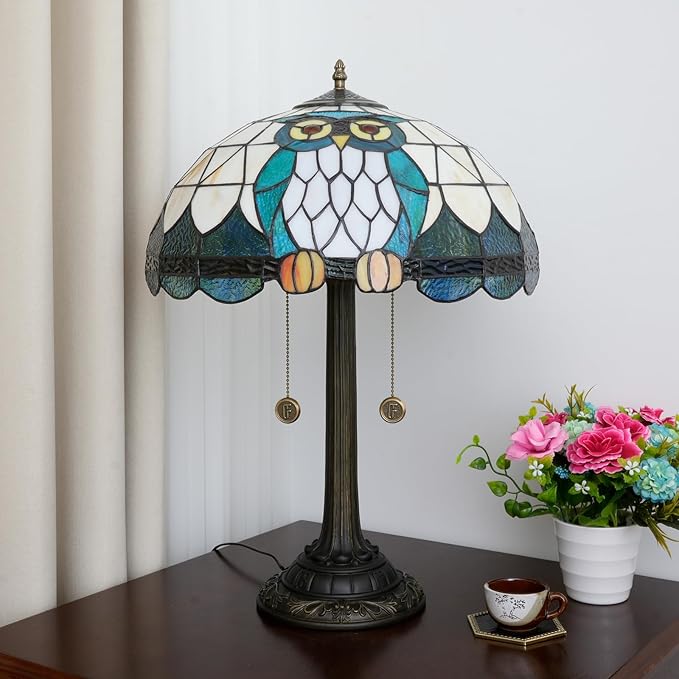Tiffany Table Lamp Owl Animal Design Stained Glass Lamp 16 inch Handmade Large Desk Light Antique Beside Reading Lamp for Home Living Room Bedroom Office - Bloomnest