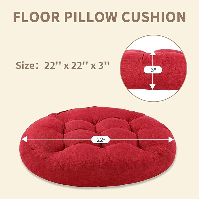 Meditation Floor Pillow, 2 Pack Round Floor Cushions for Adults, Button Tufted Seat Cushions for Yoga Tatami Living Room, Wine Red, 22 x 22 x 4 in - Bloomnest