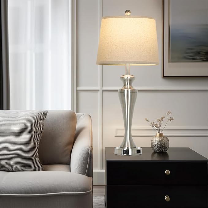 30" Silver Table Lamps Set of 2, 3-Way Dimmable Touch Living Room Lamp with USB A+C Ports and AC Outlet, Modern Brushed Nickel Bedroom Lamps, Tall Metal Bedside Lamp for Nightstand Side Table - Bloomnest
