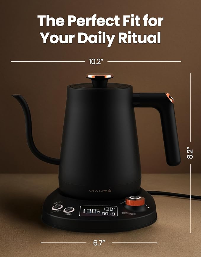 Vianté Electric Gooseneck Kettle with Precise Temperature Control. Pour Over Coffee & Tea Kettle. Boil-Dry Protection & Keep Warm Function. Stainless Steel, BPA-Free. Includes V60#2 Filters. 0.8L - Bloomnest