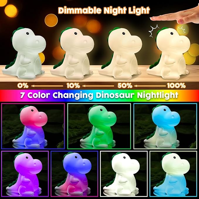 Kids Night Light Dinosaur Bedside Nursery Touch Lamp Dimmable with 7 Color Changing, Soft Squishy Silicone Cute Dino Night Lights Gifts for Kids Baby Room, Rechargeable for All-Night Use - Bloomnest