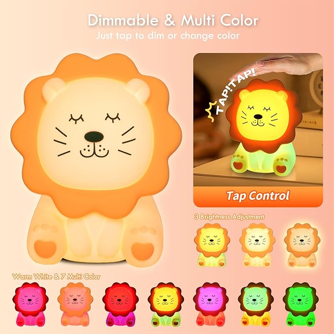 Night Light for Kids, 7 Colors Soft Silicone Kids Night Light with 3 Level Dimmable, Rechargeable Anti-glare Nursery Night Light with Warm White & Multicolor, Squishy Cute Lion Bedside Touch Lamp - Bloomnest