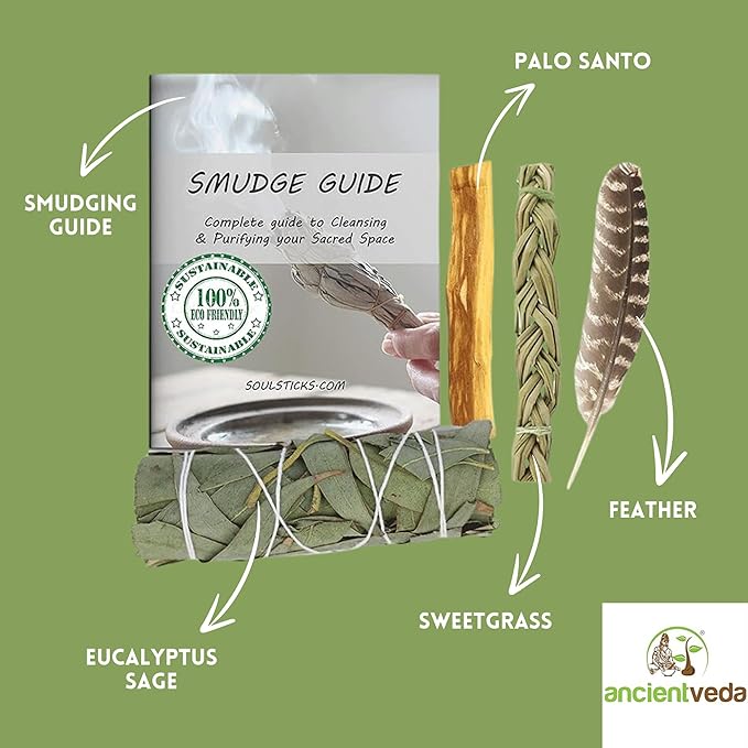 Ancient VEDA Organic Smudge Kit –Eucalyptus, Palo Santo, Sweetgrass Braid, Feather & Smudge Guide | Home Cleansing Kit for Meditation, Yoga, Energy Healing & Gift (Starter Kit, Eucalyptus Sage) AncientVeda