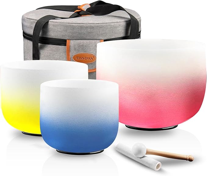8-12 Inch Set of 3 Gradient Design Quartz Crystal Singing Bowl Chakra Set with Free Carrying Case and Suede Sticker & O-ring - Bloomnest
