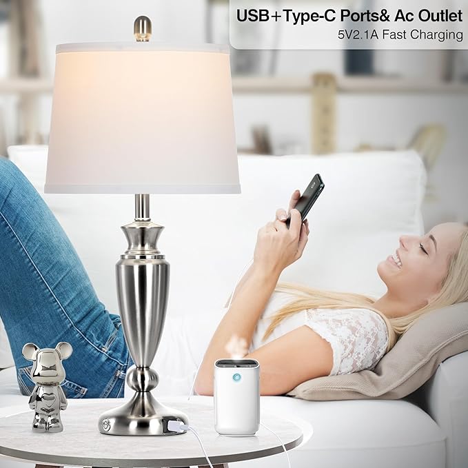 Metal Table Lamps Set of 2, 3 Way Touch Control Silver Bedside Lamps with USB A+C Ports, Modern Brushed Nickel Nightstand Lamps for Bedroom Living Room - Bloomnest