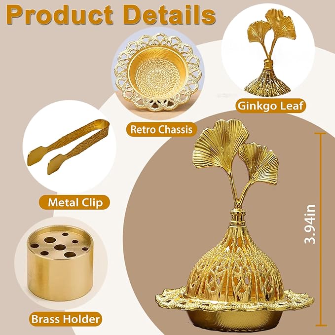 Majewel 3 in 1 Incense Holder, Vintage Incense Holders for Sticks with 9 Holes, Incense Burner Ash Catcher, Brass Incense Stick and Cone Burner for Meditation, Yoga, Home Decor (Ginkgo)
