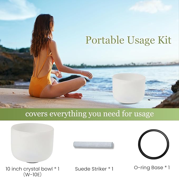 432HZ 10 Inchs Frosted Crystal Singing Bowl Set for Meditation Healing Yoga Chakra Quartz Crystal Sound Bowls with Heavy Duty Carry Case and Rubber Mallet,Suede Striker,O-rings - Bloomnest
