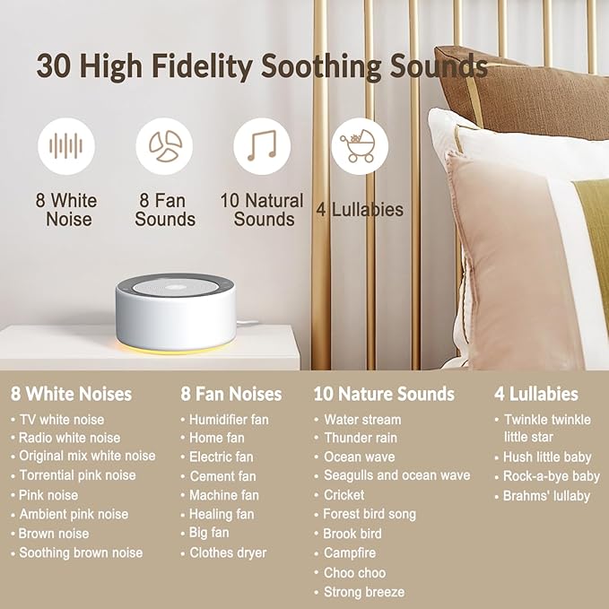 Kipcush White Noise Sound Machine with Nursery Lamp, Mood Lighting, 7 Colour Night Light, 30 Soothing Sounds for Baby/Adult. Timer, Plug in, Memory Function, Touch Control - Bloomnest