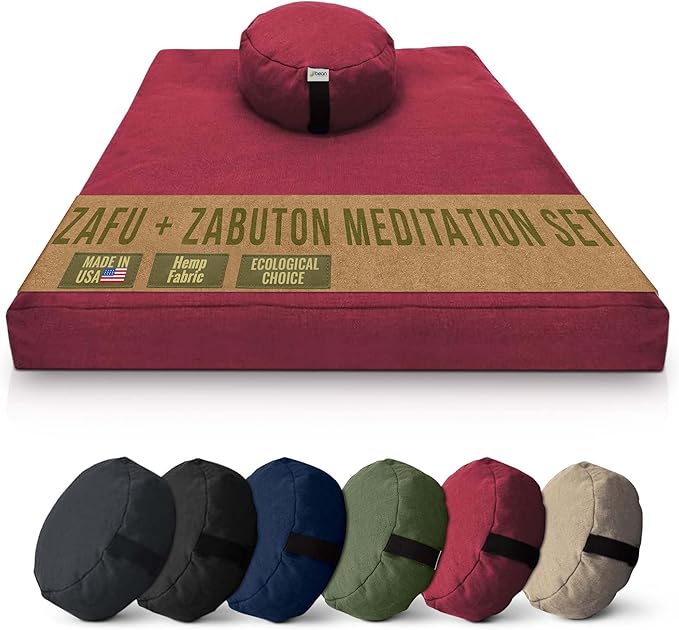 Meditation Cushion Mat Set HEMP - Round Zafu Floor Pillow Organic Buckwheat Pillow + Cotton Filled Zabuton Prayer Pad - Meditation Pillow Yoga Knee Pad - Made in USA - 14" Round, CRANBERRY Hemp - Bloomnest