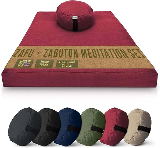 Meditation Cushion Mat Set HEMP - Round Zafu Floor Pillow Organic Buckwheat Pillow + Cotton Filled Zabuton Prayer Pad - Meditation Pillow Yoga Knee Pad - Made in USA - 14" Round, CRANBERRY Hemp - Bloomnest