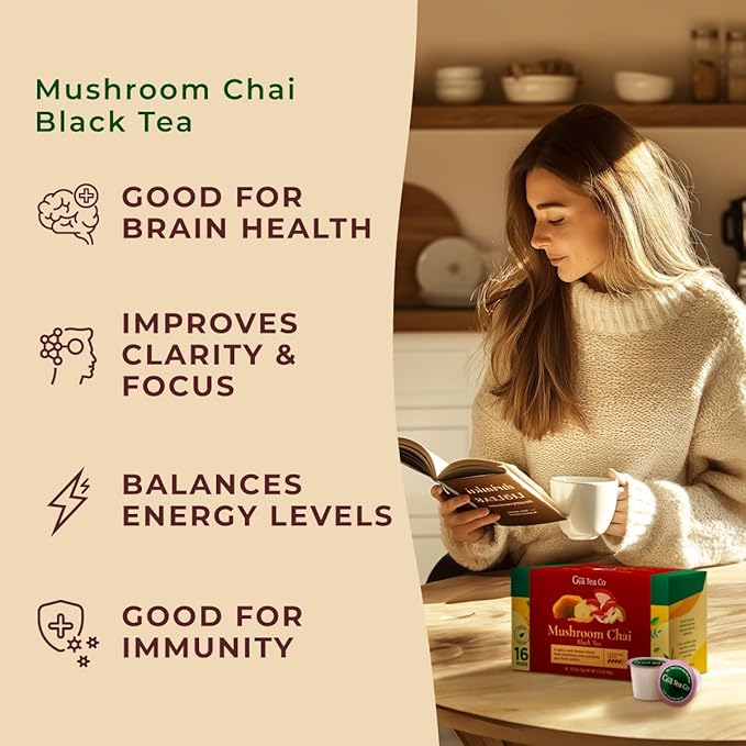 Gya Tea Co Caffeinated Mushroom Chai Black Tea Pod (16 Count) - Smooth, Flavourful, Robust, Enjoy Hot or Iced - Bloomnest