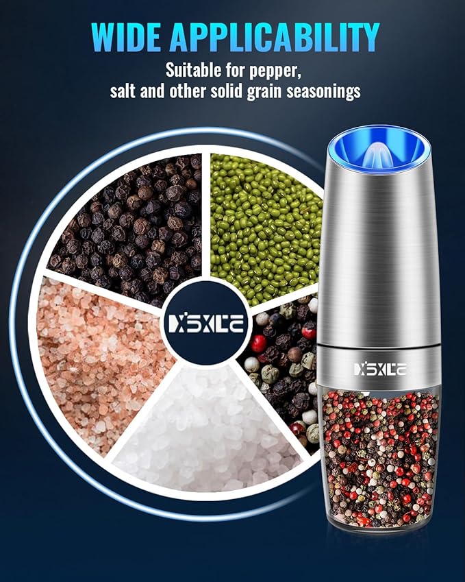 XinXu Gravity Electric Pepper/Salt Grinder, Salt and Pepper Mill & Adjustable Coarseness, Battery Powered with LED Light, One Hand Automatic Operation, Stainless steel - (Single/Silver) - Bloomnest
