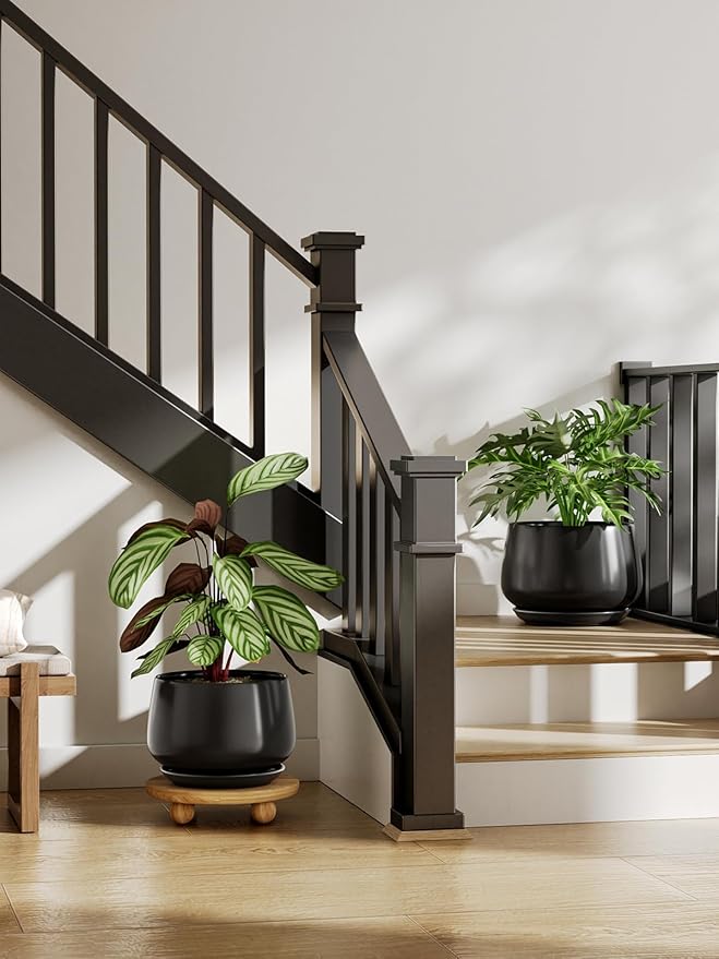 LE TAUCI Ceramic Planters, 12 Inch Pots for Plants, Indoor Plant Pots with Drainage Holes and Saucers, Modern Planters Fit Mid Century Plant Stand, Flower Pots for Indoor Plants, Black - Bloomnest