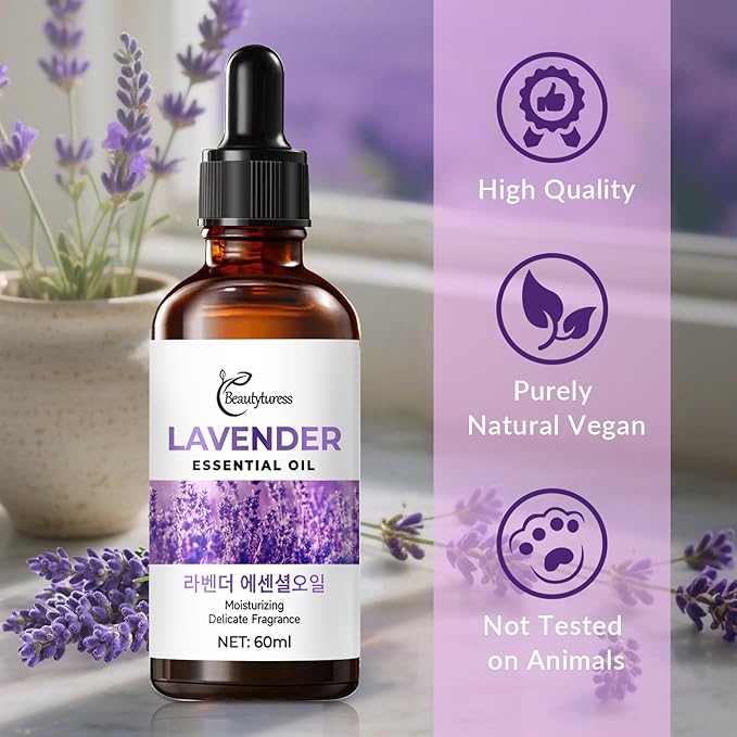 Lavender Essential Oil - 100% Pure & Natural Therapeutic Grade for Aromatherapy Diffuser, Skin & Hair Care - Relaxing & Calming Scent for Sleep Support - Large 60 mL Glass Bottle with Dropper OKADY