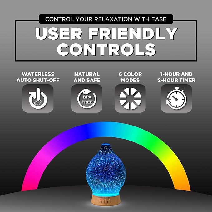 Aromatherapy Essential Oil Diffuser for Therapeutic Oils, w/ 3D Glass Vase | Cool Mist Difusor for Bedroom | LED Color Light Display & Auto Shut-Off | Humidifier, Fragrance Machine for Home & Dorm Use Bloomnest