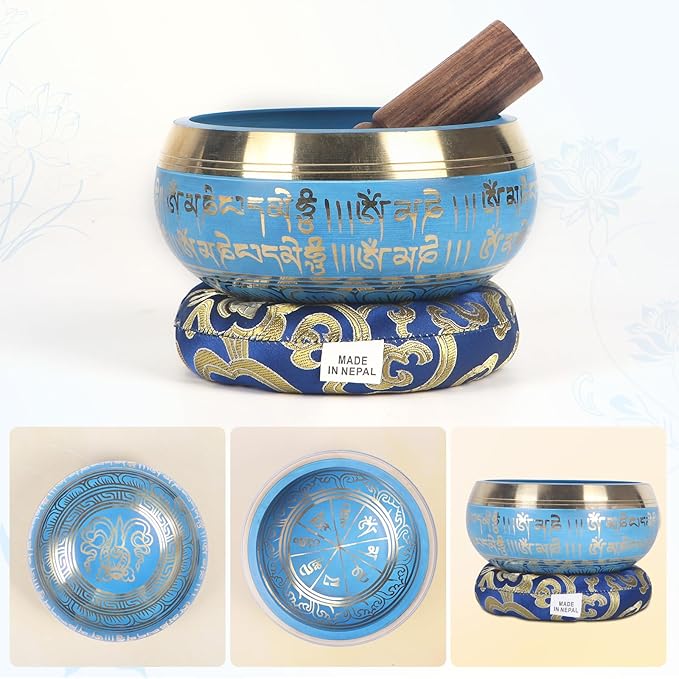 Kmise Tibetan Singing Bowls Set- Handmade in Nepal Meditation Sound Bowls for Yoga, Meditation, Mindfulness, Healing and Chakra Balancing, Stress Relief (5', Blue) - Bloomnest