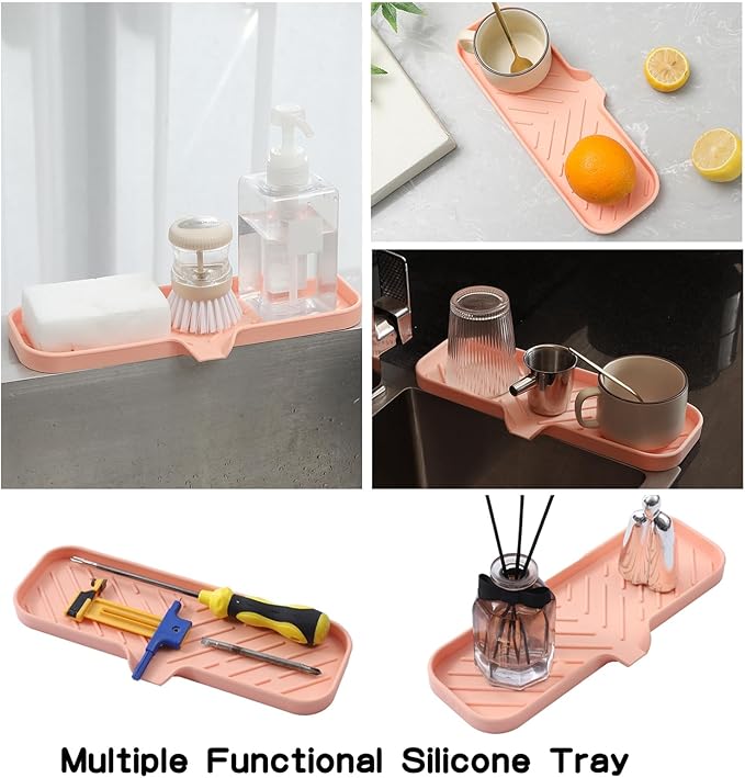 Silicone Bathroom Soap Dishes with Drain Spout-Bathroom and Kitchen Sink Organizer,Sponge Holder,Dish Soap Tray,Perfect for Dispenser,Scrubber,Bottle,Cup on Sink or Counter-Pink 12"×4" - Bloomnest