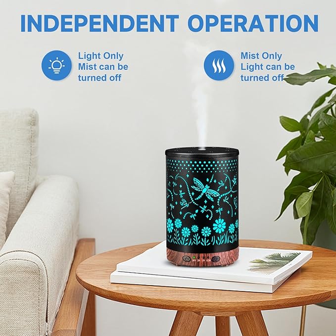 Essential Oil Diffuser 120ML Metal Aromatherapy Diffuser with Timer, Cool Mist Humidifier with Auto Shut-Off & 7 Color Lights for Home Office Spa (Dragonfly) - Bloomnest