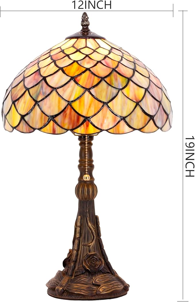 Tiffany Stained Glass Table Lamp 12X12X19 Inch Brown Fish Scales Style Desk Bedroom Living Room Reading Light(Brown Fish Scales) - Bloomnest