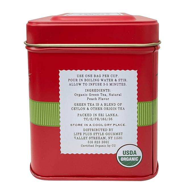 Organic Peach Ceylon Green Tea - 50 Packets - Natural Antioxidant Rich Herbal Leaf Teabags - USDA Certified 100% Non-GMO - Caffeinated Designer Gift Tin - Bloomnest