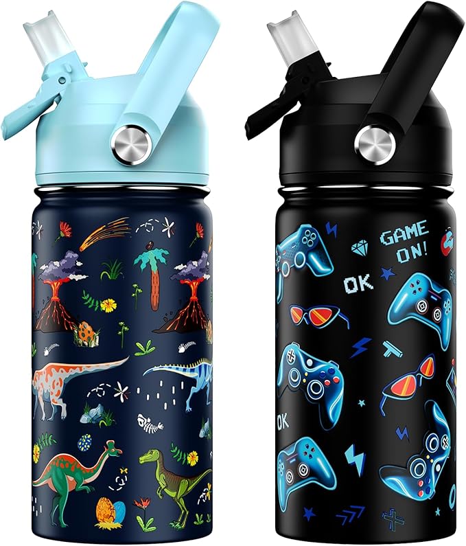 14oz Kids Insulated Water Bottle with Straw Lid - 18/8 Stainless Steel Kid Cup Travel Tumbler Double Wall Vacuum Leak Proof Portable Toddler Water Bottle (Game + Dinosaur) - Bloomnest