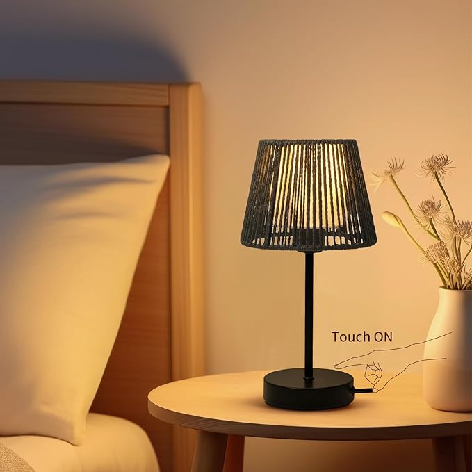 Touch Boho Lamp Dimmable, 3-Way Bedside Table Lamp 14.2", Rope Light for Bedroom Nightstand Farmhouse, Bulb Included, 2 Packs (Black) - Bloomnest