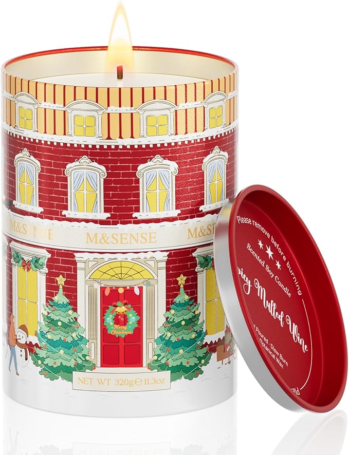 M&SENSE Spicy Mulled Wine Christmas Candles, Warm Apple Cider Holiday Scented Candle for Festival Ambiance, Winter Christmas Gifts for Women Men, Soy Wax 11.3oz 70 Hour Long Lasting Clean Burn - Bloomnest