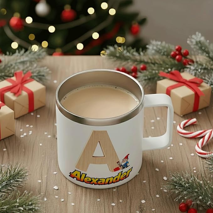 Personalized Gnome Mug with Name and Initial - Funny 12oz Insulated Stainless Steel Coffee Cup Tumbler with Handle & Lid - Custom Gifts for Boys, Kids - Wood Texture Monogram (B152) - Bloomnest