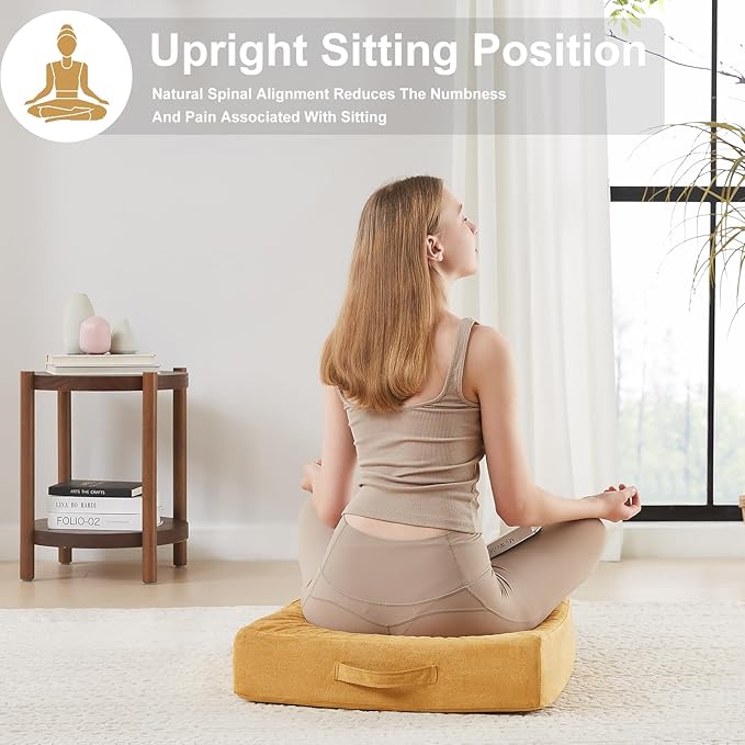 2 Pcs High Density Foam Floor Pillow - Upgraded Large Pillows Seating for Adults - Outdoor Floor Cushion with Soft Tufted Cover - Yoga Pillows for Sitting On Floor - 22 Inch Yellow - Bloomnest
