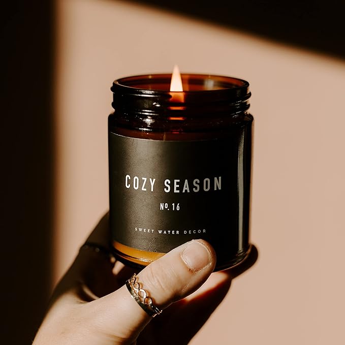 Sweet Water Decor Cozy Season Soy Candles - Fall Candles with Woods, Warm Spice, and Citrus Scent for Home Decor - Soy Candle with 40 Hours Burn Time - 9Oz Black Lid Amber Jar Candles Fall Scents - Bloomnest