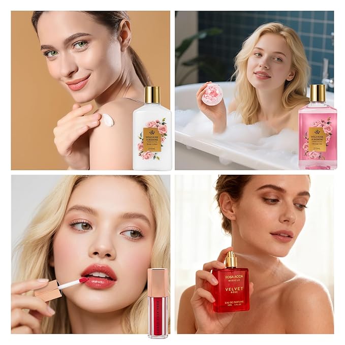 35 Pcs Valentines Day Gift for Women, Red Rose Bath and Body Basket Gift, Face Skin Care Kit, Home Spa Self Care, Lip Gloss, Diffuser, Necklace, Birthday, Christmas, Mother, Bridal Shower, Anniversary - Bloomnest
